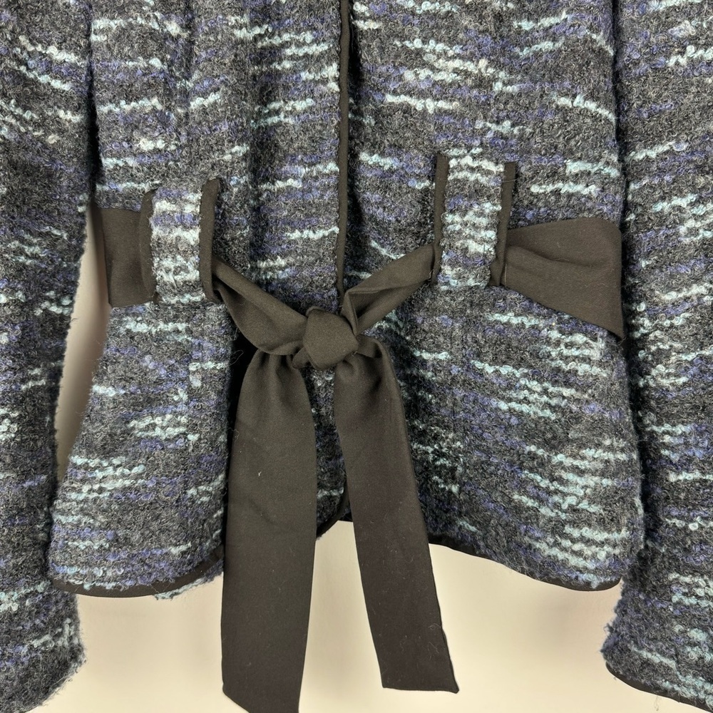 Sandro Tie Waist Blazer Jacket Tweed Textured Wool Blend Blue Black, Size Small - Picture 6 of 12